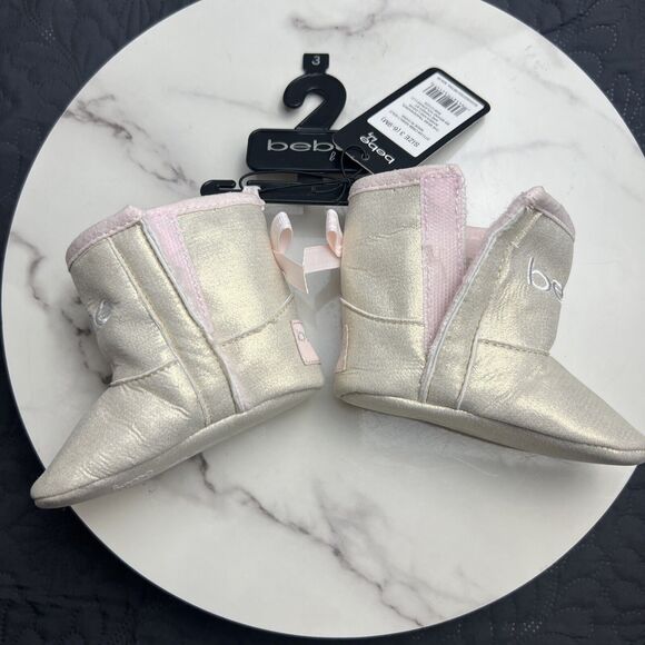 Bebe Baby Gold Glitter w/Pink Bows Sherpa Lined Baby Booties Shoes SZ 3 (6-9M) - Picture 8 of 8
